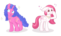 Size: 2200x1300 | Tagged: safe, artist:klewcg, artist:queenbluestar, melody, sweetheart, pegasus, pony, unicorn, g1, g4, base used, blushing, duo, female, g1 to g4, generation leap, heart, race swap, simple background, transparent background