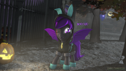 Size: 1920x1080 | Tagged: safe, artist:christian69229, oc, oc only, oc:moonlight thunder, bat pony, pony, 3d, bat pony oc, bunny ears, clothes, costume, dangerous mission outfit, eye scar, halloween, holiday, hoodie, jack-o-lantern, looking at you, male, one eye closed, outfit, pumpkin, scar, solo, source filmmaker, stallion, wink