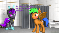 Size: 1920x1080 | Tagged: safe, artist:christian69229, oc, oc only, oc:coco nut, oc:moonlight thunder, bat pony, pony, 3d, bat pony oc, blood, bunny ears, clothes, costume, dangerous mission outfit, eye scar, gay, hoodie, looking at each other, male, nosebleed, outfit, scar, source filmmaker, stallion