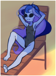 Size: 980x1330 | Tagged: safe, artist:drantyno, princess luna, vice principal luna, human, equestria girls, g4, armpits, barefoot, beach, beach chair, chair, clothes, feet, female, high-cut clothing, one-piece swimsuit, solo, sunglasses, swimsuit, younger