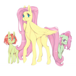 Size: 1280x1280 | Tagged: safe, artist:lovelyluckyy, fluttershy, oc, earth pony, pegasus, pony, g4, colt, female, filly, male, offspring, parent:fluttershy, simple background, trio, white background