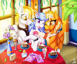 Size: 3000x2500 | Tagged: safe, artist:stainedglasslighthea, oc, oc only, oc:melodia, oc:serenity, oc:white feather, pegasus, pony, unicorn, birthday party, female, high res, male, oc x oc, party, serenither, shipping, straight, trio