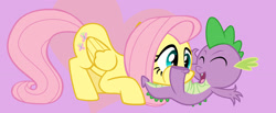 Size: 2049x843 | Tagged: safe, artist:darthlena, fluttershy, spike, dragon, pegasus, pony, g4, dragon x pony, duo, eyes closed, female, interspecies, laughing, lying down, male, misleading thumbnail, on back, puffy cheeks, raspberry, ship:flutterspike, shipping, straight, tummy buzz