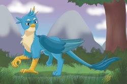 Size: 1888x1260 | Tagged: safe, artist:shacy's pagelings, gallus, griffon, g4, cloud, male, mountain, solo, tree