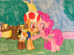 Size: 1280x952 | Tagged: safe, artist:justinvaldecanas, pinkie pie, earth pony, pegasus, pony, g4, blushing, clothes, crossover, crossover shipping, female, hat, kissing, male, mushroom hat, nintendo, ponified, ponyville, shipping, shoes, straight, super mario bros., toad (mario bros), toad pie, traditional art, vest