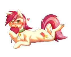 Size: 1600x1300 | Tagged: safe, artist:theglitchberserk, roseluck, earth pony, pony, angry, behaving like a cat, blushing, collar, commission, commissioner:doom9454, fangs, heart, lying down, pet tag, pony pet, rosepet, simple background, solo, transparent background, yarn, yarn ball
