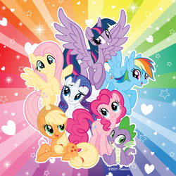 Size: 2048x2048 | Tagged: safe, applejack, fluttershy, pinkie pie, rainbow dash, rarity, spike, twilight sparkle, alicorn, dragon, earth pony, pegasus, pony, unicorn, g4, official, abstract background, applejack's hat, cowboy hat, design, female, hat, heart, high res, male, mane six, mare, merchandise, stars, stock vector, text, twilight sparkle (alicorn), zazzle