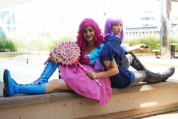 Size: 960x640 | Tagged: safe, artist:littlemissbloo, artist:sarahndipity cosplay, maud pie, pinkie pie, human, bronycon, bronycon 2015, g4, boots, candy, clothes, cosplay, costume, food, hoodie, irl, irl human, lollipop, photo, shoes, skirt