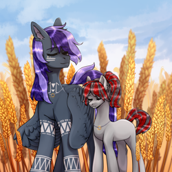 Size: 4000x4000 | Tagged: safe, artist:woowoli, oc, oc only, earth pony, pegasus, pony, duo, eyes closed, female, field, food, male, oc x oc, shipping, size difference, straight, wheat
