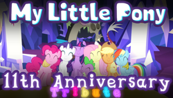 Size: 848x480 | Tagged: safe, artist:iceflower99, applejack, discord, fluttershy, pinkie pie, rainbow dash, rarity, spike, twilight sparkle, alicorn, draconequus, dragon, earth pony, pegasus, pony, unicorn, g4, twilight's kingdom, 11th anniversary, anniversary, cute, discute, happy birthday mlp:fim, mane seven, mane six, mlp fim's eleventh anniversary, thumbnail, tribute, twilight sparkle (alicorn), video at source