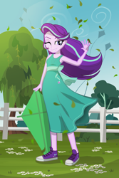 Size: 1000x1500 | Tagged: safe, alternate version, artist:darthlena, starlight glimmer, equestria girls, g4, beautiful, clothes, converse, dress, female, fence, happy, kite, shoes, smiling, smirk, sneakers, solo, summer, that pony sure does love kites, tree, weeping willow