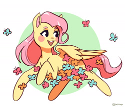 Size: 2000x1722 | Tagged: safe, artist:mrscroup, fluttershy, butterfly, pegasus, pony, g4, blush sticker, blushing, cute, female, looking away, mare, midair, no pupils, open mouth, open smile, partial background, ponytober, shyabetes, smiling, solo, spread wings, turned head, wings