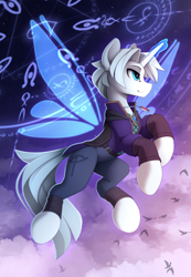 Size: 1400x2020 | Tagged: safe, artist:yakovlev-vad, oc, oc only, bird, pony, unicorn, artificial wings, augmented, clothes, cloud, flying, jewelry, lacrimal caruncle, magic, magic wings, necklace, patreon, patreon reward, slender, solo, thin, wings