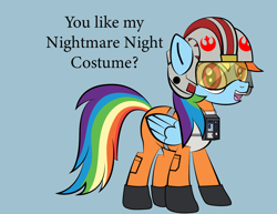 Size: 3300x2550 | Tagged: safe, artist:vareb, rainbow dash, pegasus, pony, g4, clothes, costume, flight suit, halloween, helmet, high res, holiday, looking at you, nightmare night, nightmare night costume, rebel, rebel alliance, rebel pilot, rebellion, smiling, solo, star wars, talking to viewer