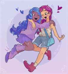 Size: 2550x2800 | Tagged: safe, artist:petukh3, izzy moonbow, sunny starscout, human, g5, my little pony: a new generation, bag, blushing, clothes, dark skin, duo, duo female, female, heart, high res, hug, humanized, looking at each other, one eye closed, open mouth, open smile, pin, satchel, shorts, skirt, smiling, sweater