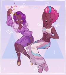 Size: 2646x2976 | Tagged: safe, artist:petukh3, pipp petals, zipp storm, human, g5, my little pony: a new generation, abs, cellphone, clothes, dark skin, dress, duo, emanata, eyes closed, female, flapper, high res, humanized, laughing, lidded eyes, looking at someone, open mouth, open smile, pants, phone, selfie, sibling love, siblings, sisterly love, sisters, sisters being sisters, sitting, smartphone, smiling, tank top