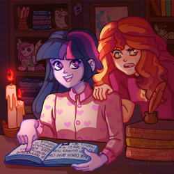 Size: 2500x2500 | Tagged: safe, artist:hvatausunn, sunset shimmer, twilight sparkle, equestria girls, g4, book, book title humor, bookshelf, candle, clothes, cyrillic, duo, female, high res, indoors, night, pajamas, pointing, quill, reading, russian, wingding eyes