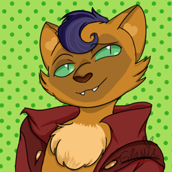 Size: 400x400 | Tagged: safe, artist:gummygrub, capper dapperpaws, abyssinian, anthro, g4, bust, chest fluff, clothes, male, polka dot background, smiling, solo