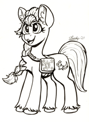 Size: 2272x3127 | Tagged: safe, artist:dandy, sunny starscout, pony, g5, my little pony: a new generation, black and white, braid, chest fluff, female, grayscale, high res, monochrome, open mouth, ponytober, satchel, solo, traditional art, unshorn fetlocks