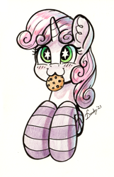 Size: 1680x2608 | Tagged: safe, artist:dandy, sweetie belle, pony, unicorn, g4, :3, blushing, bust, clothes, colored pencil drawing, cookie, female, filly, food, ponytober, socks, solo, striped socks, traditional art, wingding eyes