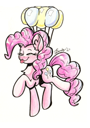 Size: 2036x2876 | Tagged: safe, artist:dandy, pinkie pie, earth pony, pony, g4, :3, :p, balloon, colored pencil drawing, eyes closed, female, floating, high res, ponytober, signature, solo, tongue out, traditional art