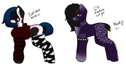 Size: 1024x557 | Tagged: safe, artist:beamybutt, oc, oc only, pony, clothes, collaboration, duo, ear fluff, eyelashes, socks, tattoo
