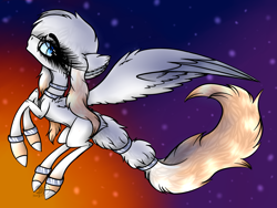 Size: 3313x2488 | Tagged: safe, artist:beamybutt, oc, oc only, pegasus, pony, colored wings, ear fluff, eyelashes, female, flying, high res, mare, pegasus oc, solo, stars, tail, tail wrap, two toned wings, wings, wristband