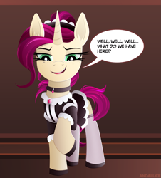 Size: 1959x2170 | Tagged: safe, artist:andaluce, oc, oc only, oc:mulberry merlot, pony, unicorn, choker, clothes, collar, dress, indoors, maid, simple background, smiling, smirk, solo, speech bubble, stockings, thigh highs