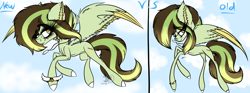 Size: 6159x2297 | Tagged: safe, artist:beamybutt, oc, oc only, oc:akane, pegasus, pony, colored wings, comparison, duo, ear fluff, eyelashes, female, flying, mare, pegasus oc, redraw, two toned wings, wings