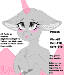 Size: 1635x1932 | Tagged: safe, artist:melodytheartpony, oc, oc only, pony, any gender, any race, any species, blushing, commission, curved horn, cute, fundraiser, horn, puppy dog eyes, simple background, solo, white background, your character here