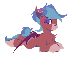 Size: 2536x2000 | Tagged: safe, artist:rhythmpixel, oc, oc only, oc:blitz razorwind, bat pony, pony, bat ponified, chest fluff, fangs, high res, lineless, looking at you, lying down, male, one eye closed, open mouth, open smile, prone, race swap, simple background, smiling, solo, stallion, transparent background, wink