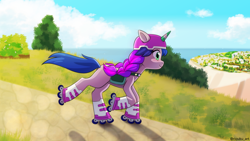 Size: 1600x900 | Tagged: safe, artist:riouku, oc, oc only, pony, g5, my little pony: a new generation, bag, braid, commission, fake horn, female, gonna be my day, helmet, missing cutie mark, pin, roller skates, rollerblades, scene interpretation, solo