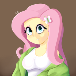 Size: 2000x2000 | Tagged: safe, artist:biocrine, fluttershy, equestria girls, g4, breasts, busty fluttershy, cleavage, female, high res, looking at you, solo