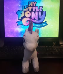 Size: 1747x2040 | Tagged: safe, zipp storm, pegasus, pony, g5, my little pony: a new generation, spoiler:my little pony: a new generation, computer, irl, keyboard, my little pony logo, photo, plushie, solo