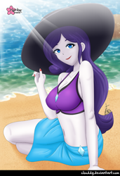 Size: 684x1000 | Tagged: safe, artist:clouddg, rarity, equestria girls, equestria girls series, forgotten friendship, g4, beach, beach babe, belly button, breasts, busty rarity, cleavage, clothes, crepuscular rays, female, hat, looking at you, multiple variants, rarity's blue sarong, rarity's purple bikini, sarong, smiling, solo, sun hat, swimsuit