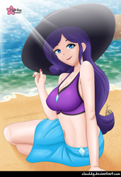 Size: 684x1000 | Tagged: safe, alternate version, artist:clouddg, rarity, equestria girls, equestria girls series, forgotten friendship, g4, beach, beach babe, belly button, breasts, busty rarity, cleavage, clothes, crepuscular rays, female, hat, human coloration, looking at you, multiple variants, rarity's blue sarong, rarity's purple bikini, sarong, smiling, solo, sun hat, swimsuit