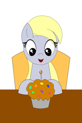 Size: 1298x1937 | Tagged: safe, artist:happyb0y95, derpy hooves, pegasus, pony, g4, 11th anniversary, anniversary, candle, chair, cute, derpabetes, eyelashes, female, fire, food, happy birthday, happy birthday mlp:fim, looking down, mare, mlp fim's eleventh anniversary, muffin, open mouth, simple background, solo, table, white background