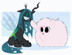 Size: 2000x1534 | Tagged: safe, artist:syrupyyy, queen chrysalis, oc, oc:fluffle puff, changeling, changeling queen, pony, g4, animated, boop, cute, female, fluffy, gif, nose wrinkle, noseboop, queen chrysalis is not amused, tongue out, two-frame gif, unamused