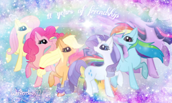 Size: 1106x665 | Tagged: safe, artist:winterclaws22, applejack, fluttershy, pinkie pie, rainbow dash, rarity, twilight sparkle, alicorn, earth pony, pegasus, pony, unicorn, g4, happy birthday mlp:fim, lens flare, mane six, mlp fim's eleventh anniversary, twilight sparkle (alicorn)