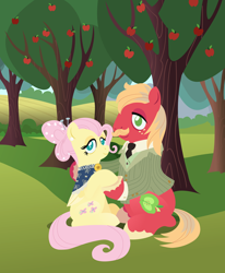 Size: 2880x3500 | Tagged: safe, anonymous artist, big macintosh, fluttershy, earth pony, pegasus, pony, series:fm holidays, g4, alternate hairstyle, apple, apple orchard, apple tree, clothes, ear piercing, earring, facial hair, female, high res, holding hooves, jewelry, lineless, looking at you, male, mare, moustache, necktie, no pupils, older, older big macintosh, older fluttermac, older fluttershy, orchard, piercing, shawl, ship:fluttermac, shipping, sitting, stallion, straight, suit, sweet apple acres, tree