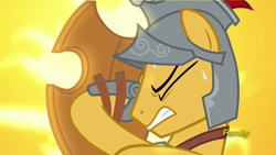 Size: 1280x720 | Tagged: safe, screencap, flash magnus, pegasus, pony, g4, discovery family logo, eyes closed, fire, gritted teeth, hero, male, shield, stallion, struggling, sweat, sweatdrops