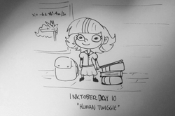 Size: 3120x2066 | Tagged: safe, artist:tjpones, princess celestia, twilight sparkle, human, g4, backpack, book, child, grayscale, high res, humanized, inktober, inktober 2021, monochrome, poster, quadratic formula, solo, traditional art, twiggie, younger