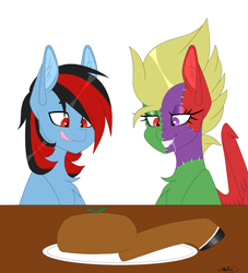 Size: 1988x2187 | Tagged: safe, artist:melodytheartpony, oc, deer, earth pony, pegasus, pony, deer leg, duo, female, frankenpony, hungry, male, old art, plate, pointy teeth, ponies wanting to eat meat, redo, redone art, stitched body, stitches, table