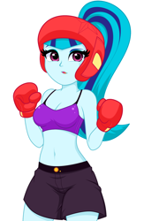 Size: 980x1501 | Tagged: safe, artist:rosemile mulberry, sonata dusk, human, equestria girls, g4, belly button, boxing, boxing gloves, breasts, busty sonata dusk, cleavage, clothes, female, headgear, midriff, open mouth, ponytail, shorts, simple background, solo, sports, sports bra, white background