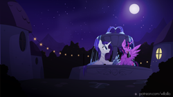 Size: 1920x1080 | Tagged: safe, artist:willoillo, rarity, twilight sparkle, alicorn, pony, unicorn, fanfic:the enchanted kingdom, g4, commission, duo, fanfic art, female, fountain, lesbian, moon, night, ship:rarilight, shipping, twilight sparkle (alicorn), water