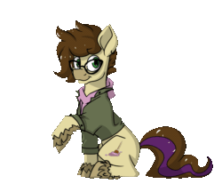 Size: 775x642 | Tagged: safe, artist:aaftergloweeye, oc, oc:cj vampire, earth pony, pony, animated, bomber jacket, brown mane, brown tail, clothes, colored fetlocks, colored hooves, commission, cutie mark, dancing, fluffy, gif, gift art, glasses, green eyes, hoodie, jacket, looking at you, multicolored tail, purple hoodie, purple tail highlight, tail, unshorn fetlocks, ych result