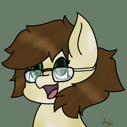 Size: 800x800 | Tagged: safe, artist:lux-ful, oc, oc only, oc:cj vampire, earth pony, pony, brown mane, bust, fanart, glasses, green eyes, looking at you, open mouth, photo, portrait, smiling, smiling at you, solo