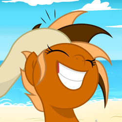 Size: 2000x2000 | Tagged: safe, artist:pizzamovies, oc, oc only, oc:daine, oc:pizzamovies, earth pony, pony, beach, eyes closed, female, head pat, high res, mare, offscreen character, pat, smiling, water