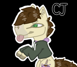 Size: 370x320 | Tagged: safe, artist:captainjellybean#4697, oc, oc only, oc:cj vampire, earth pony, pony, art trade, bipedal, bomber jacket, brown mane, brown tail, clothes, fanart, glasses off, green eyes, hoodie, hooves up, jacket, male, photo, pounce, purple hoodie, solo, stallion, tail, tongue out