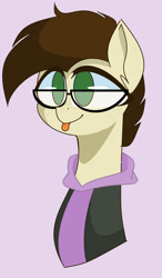 Size: 1152x1968 | Tagged: safe, artist:bluesshittyarts, oc, oc only, oc:cj vampire, earth pony, pony, :p, bomber jacket, clothes, fanart, glasses, green eyes, hoodie, jacket, looking at you, looking up, looking up at you, photo, purple hoodie, solo, tongue out